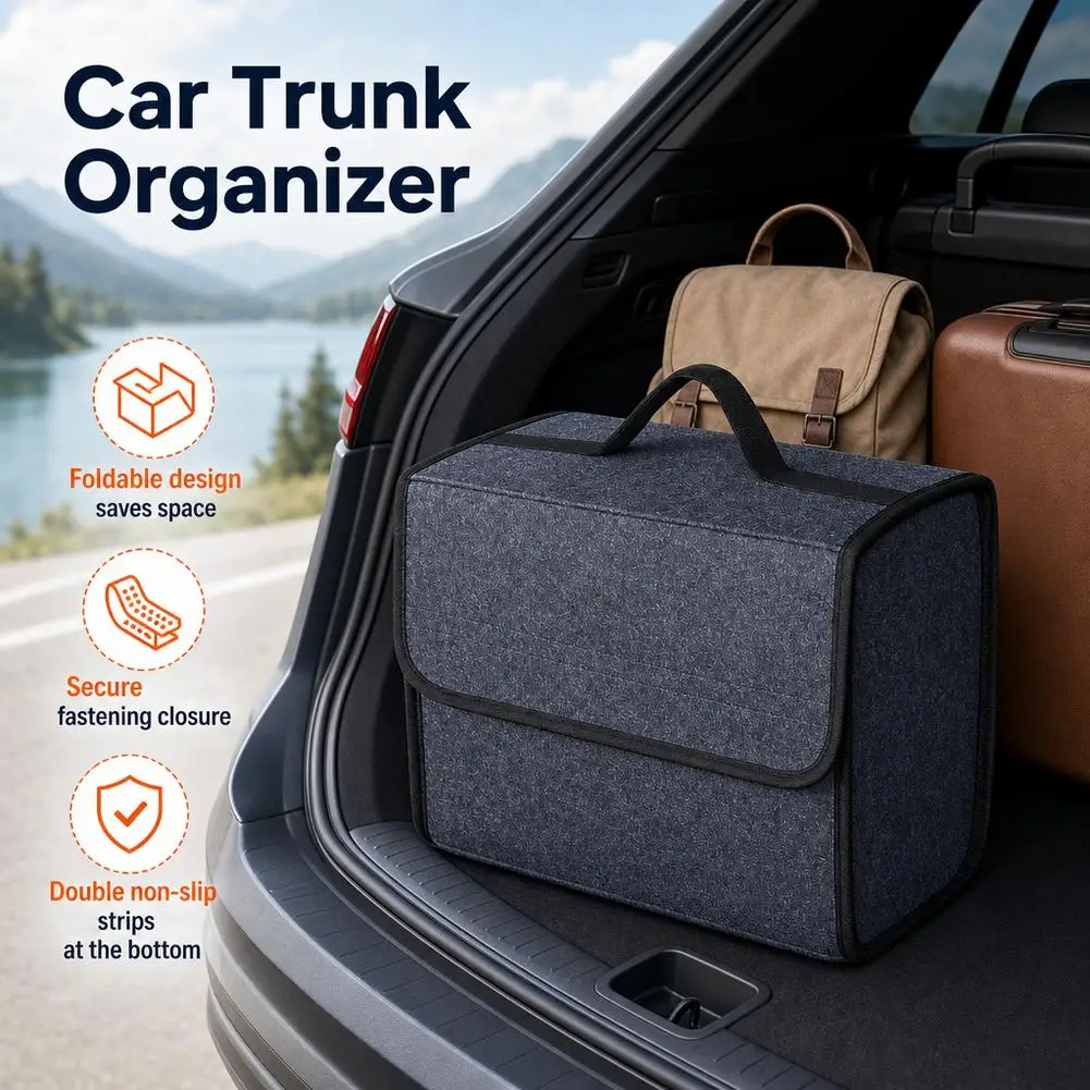 Car Trunk Organizer Collapsible Felt Storage Bin Cargo Container with Non-Slip Bottom and Carrying Handles for SUV Sedan