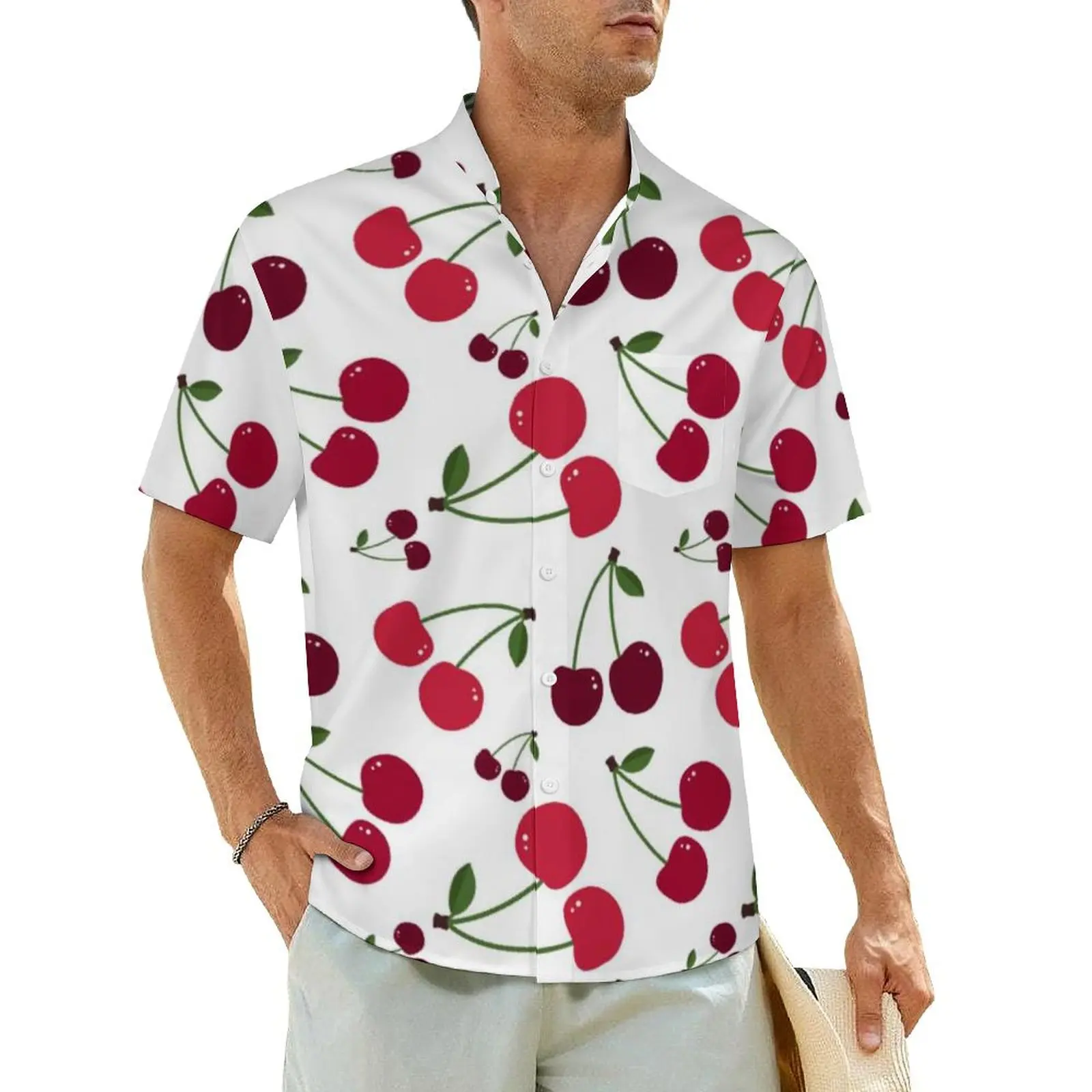 

Fresh Fruit Print Vacation Shirt Cute Cherry Pattern Hawaiian Casual Shirts Mens Vintage Blouses Short Sleeve Stylish Clothing