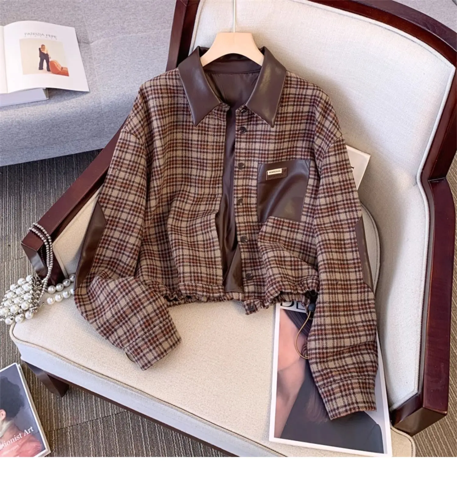 

American Retro patchwork Leather Collar Jacket Women's Spring Autumn Short Casual Versatile Top 2025 New Long Sleeved Loose Coat