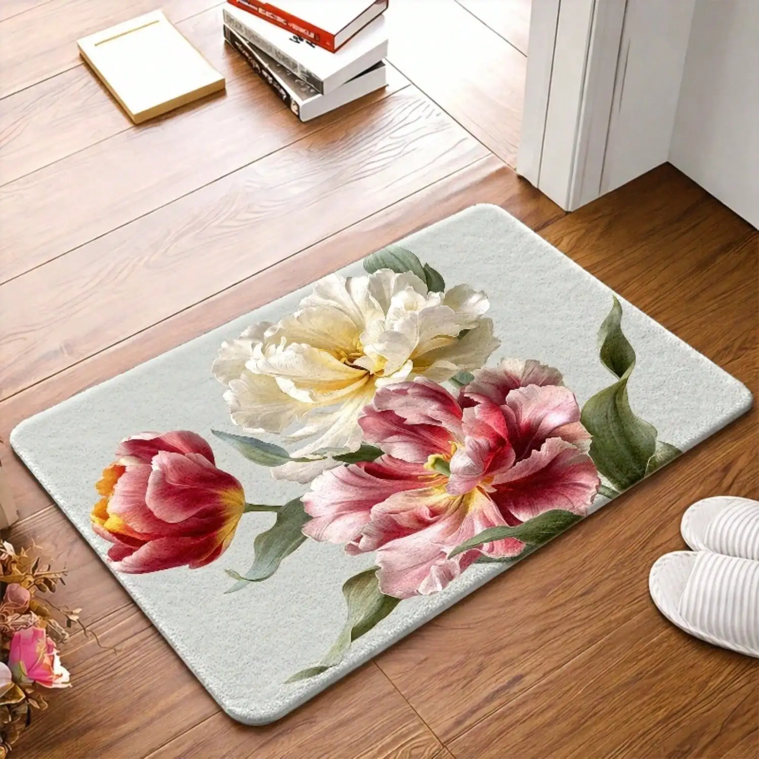 1pc Flannel Non-Slip Doormat | Vintage Floral-Patterned Entrance Rug, Durable &, Machine-Washable, Universal For Living Room, Bedroom, Office, Bathroom