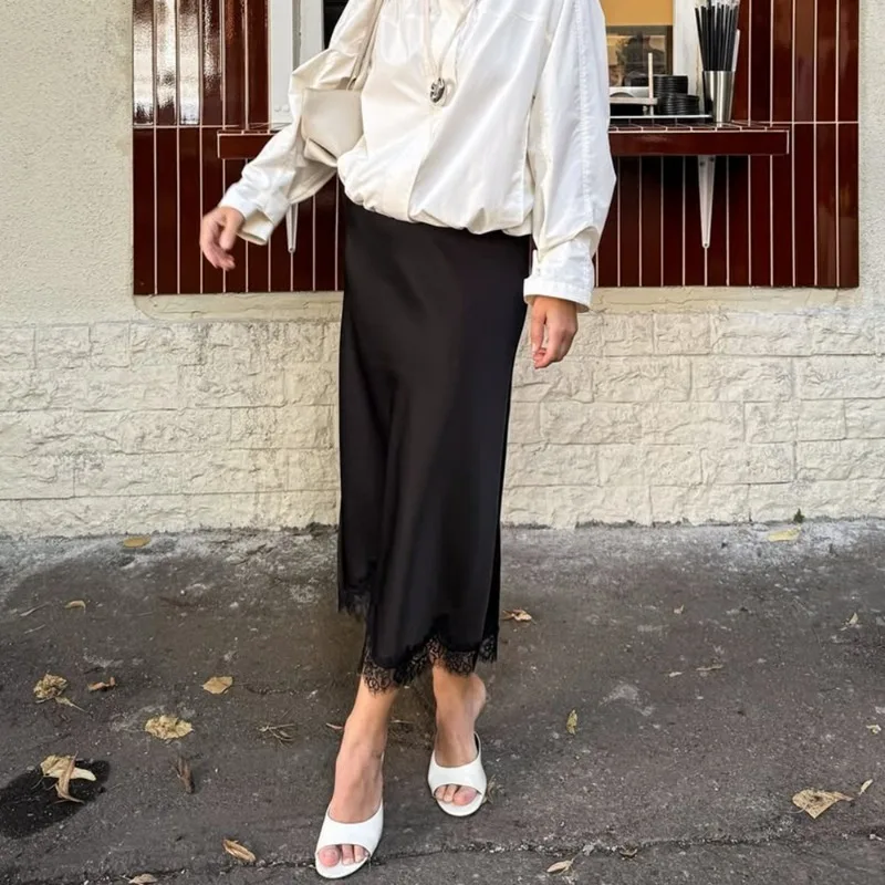 Tuularose Elegant Lace Skirt Women Fashion Solid Lace Patchwork New Skirt Vintage High Waist Party Looks Commuter Female Skirt