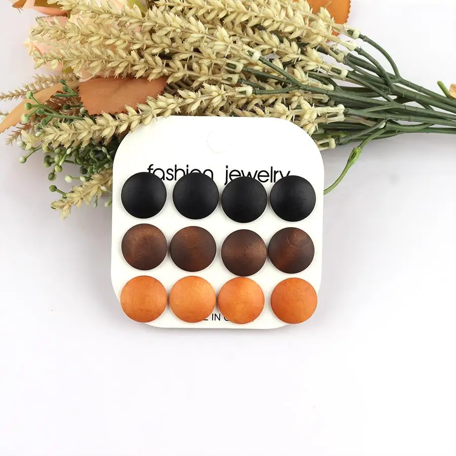1 set of 2cm round solid wood ear studs in mixed colors, retro wood earrings, Bohemian minimalist style, wooden ear stud jewelry, fashionable women's earrings gift