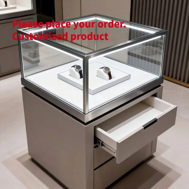 custom.Jewelry Glass Display Pedestal Cabinet with Drawers Matte Gun Gray Stainless Steel Watch Showcase Retail Boutique Sto
