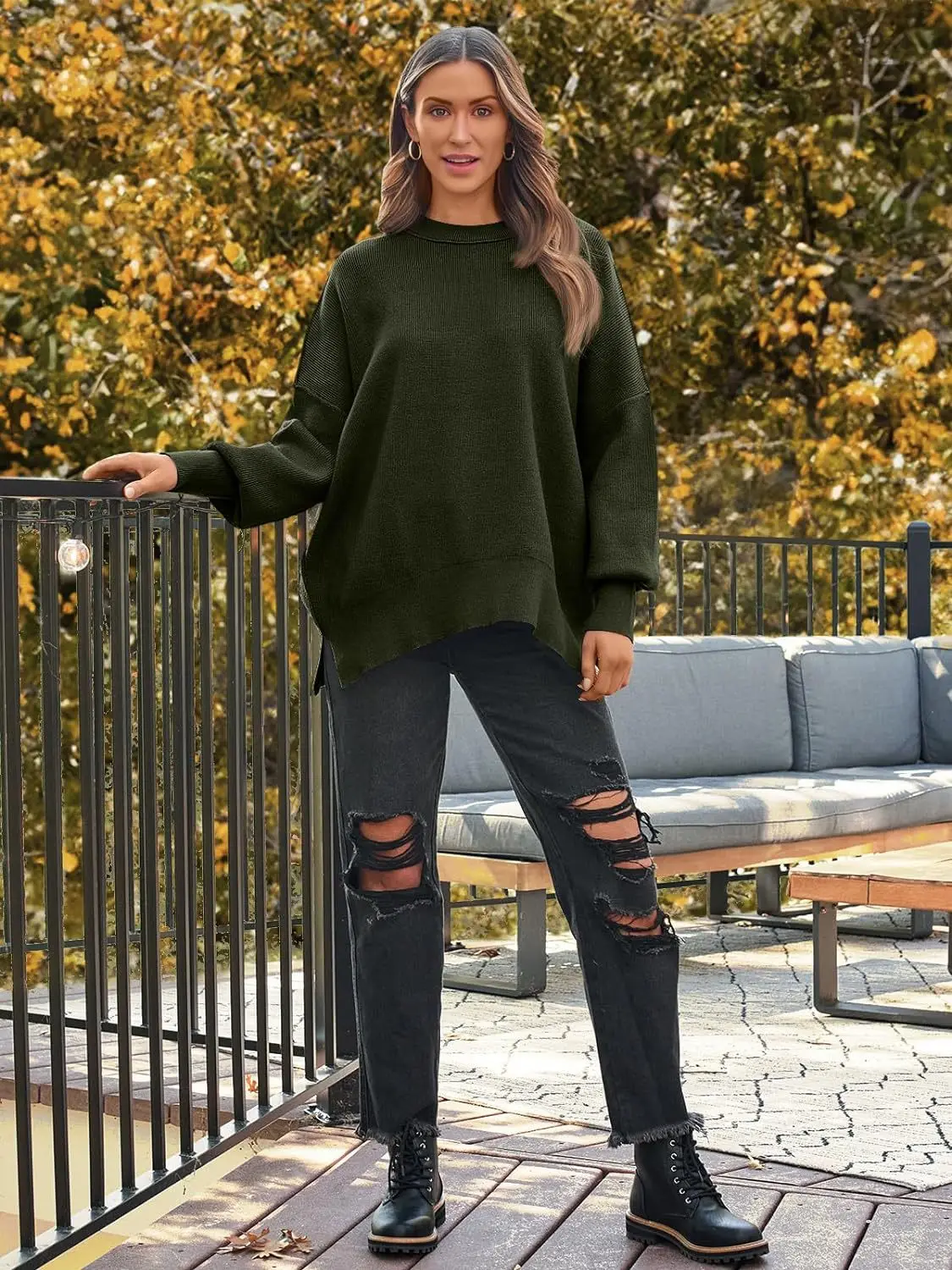 Maglione a maniche lunghe con scollo rotondo e ala di pipistrello per donna Autunno Inverno Nuovo pullover con spacco laterale lavorato a maglia Top alla moda per le donne