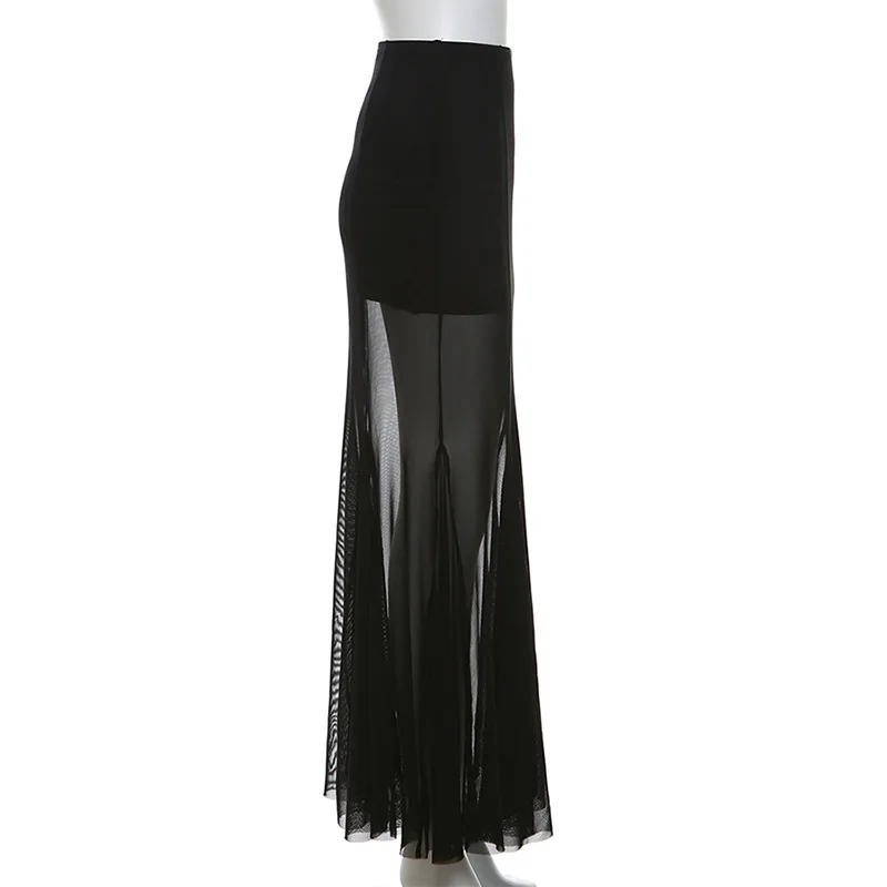 SKMY 2025 Autumn New Women Clothing Wrap Hip Slimming Perspective Solid Color Black Skirts Pleated High Waist Mesh Long Skirts