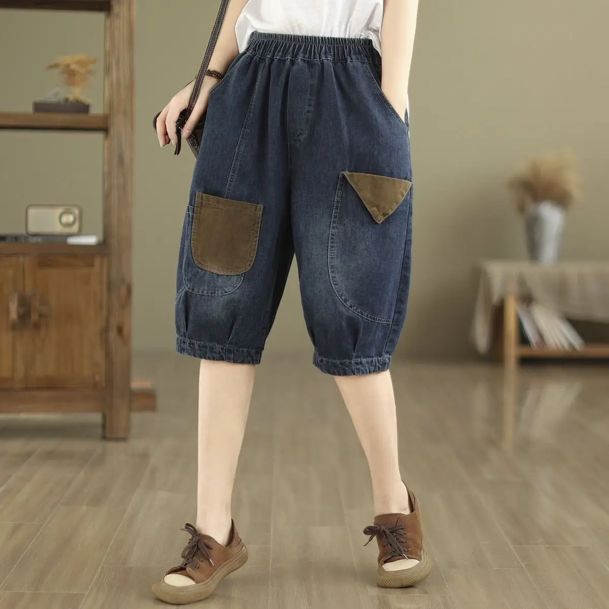 Summer Thin Casual Elastic Waist Jeans Ladies Fashion Loose Pocket Quarter Pants Women Clothes All-match Patchwork Loose Harem