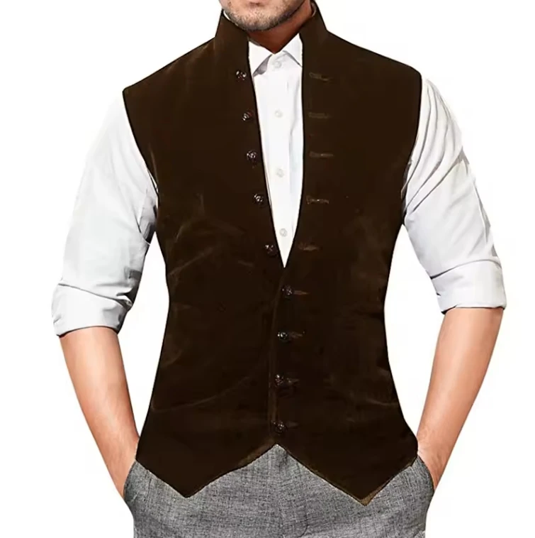 Мужской костюм, жилет, бархатный однобортный свадебный жилет с воротником-стойкой для жениха, приталенный жилет без рукавов в стиле стимпанк для мужчин, жилет