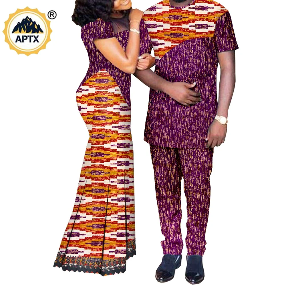 African Clothes for Couples Matching Outfits Dashiki Metallic Women Print Lace Dresses Bazin Riche Men Top and Pant Sets A20C003