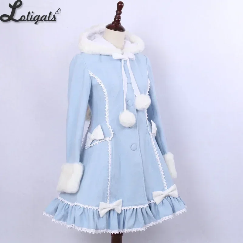 Women\'s Winter Single Breasted Coat Lovely Cat Ear Lolita Hooded Light Blue Warm Long Coat