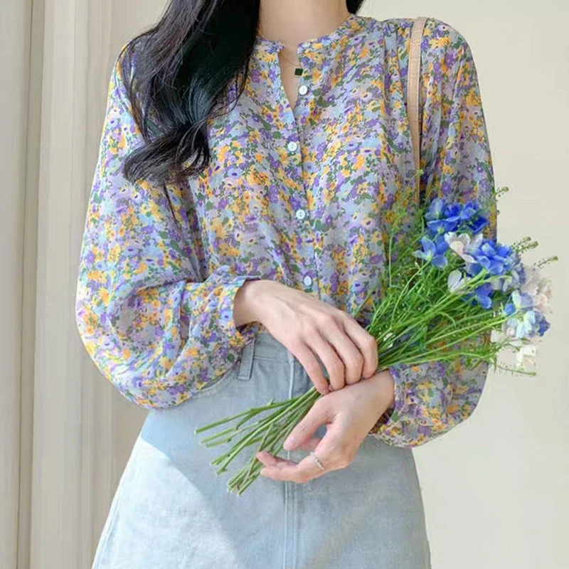 Floral Print Women Chiffon Shirts Korean Elegant Loose Long Sleeve Female Blouse Autumn Retro All Match Ladies Tops