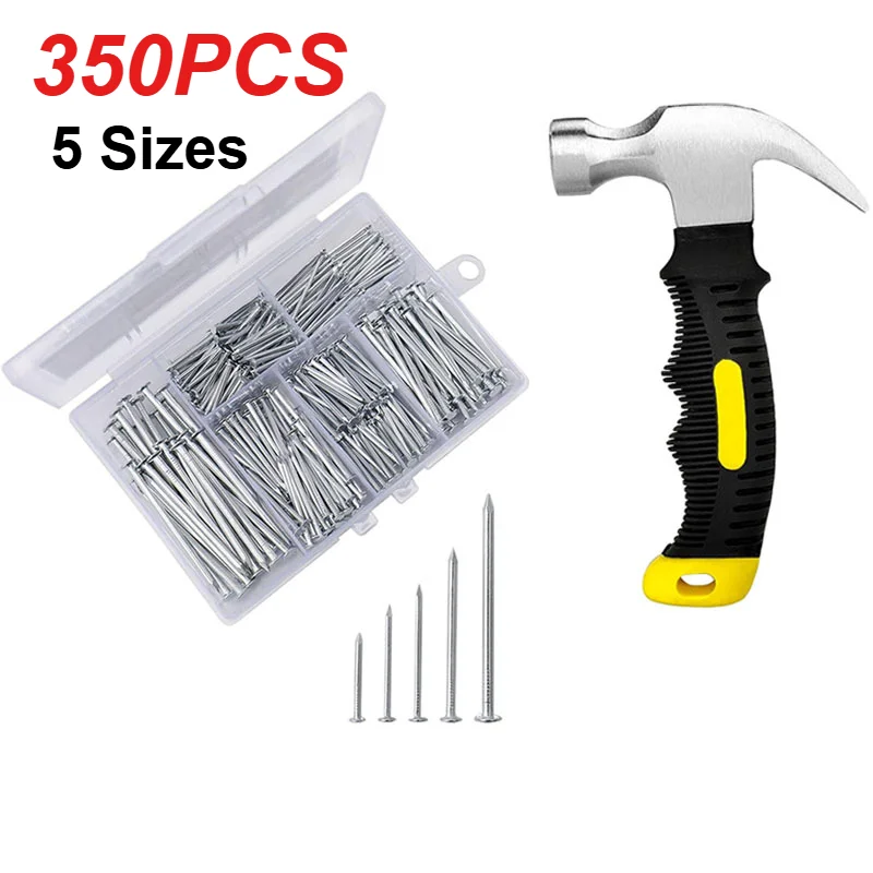 350PCS Nail Sets in 5 Sizes with Tool Kit Box Wall Nails Multi-sized Wooden Board Nails Picture Frame Nails