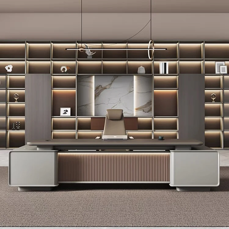 

Серый деревянный стол с подсветкой L-образный менеджер, один главный офицерский стол, офисный стол директора