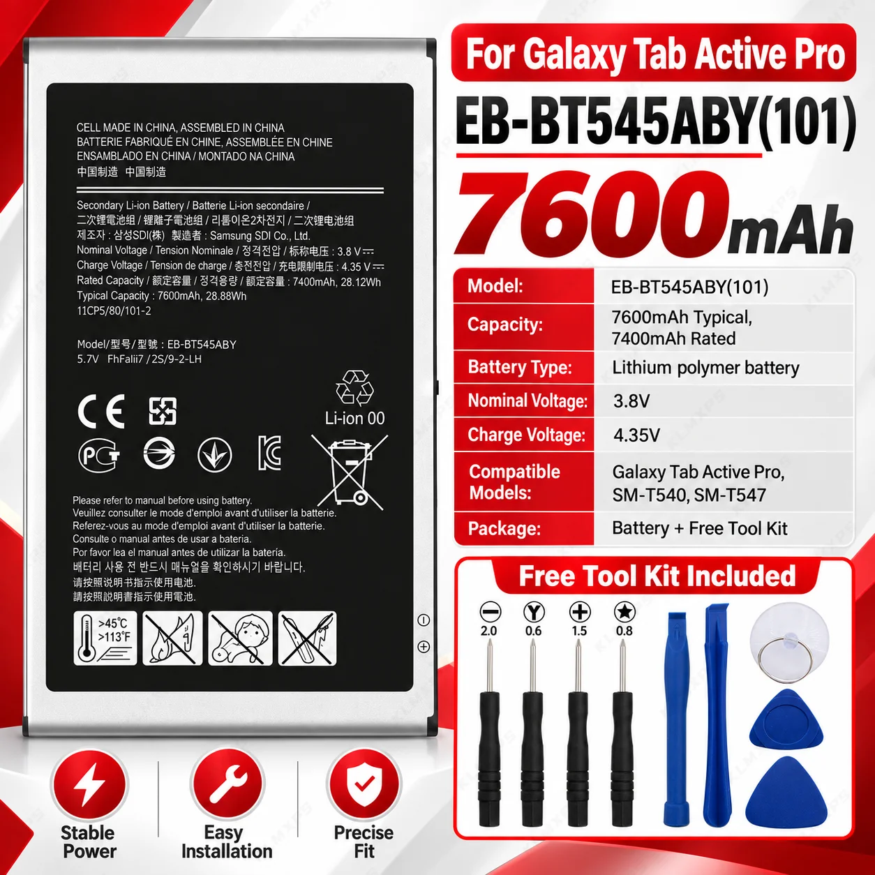 Replacement Tablet Battery EB-BT545ABY 7600mAh 4.36V 28.12Wh For Samsung Galaxy Tab Active Pro SM-T540 T545 T547