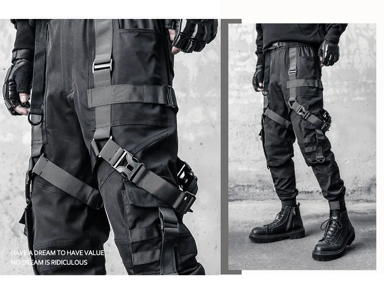 Hip Hop Punk Cargo Pants Man Multi Ribbons Decorative Techwear Pants High Street Tactical Casual Trousers