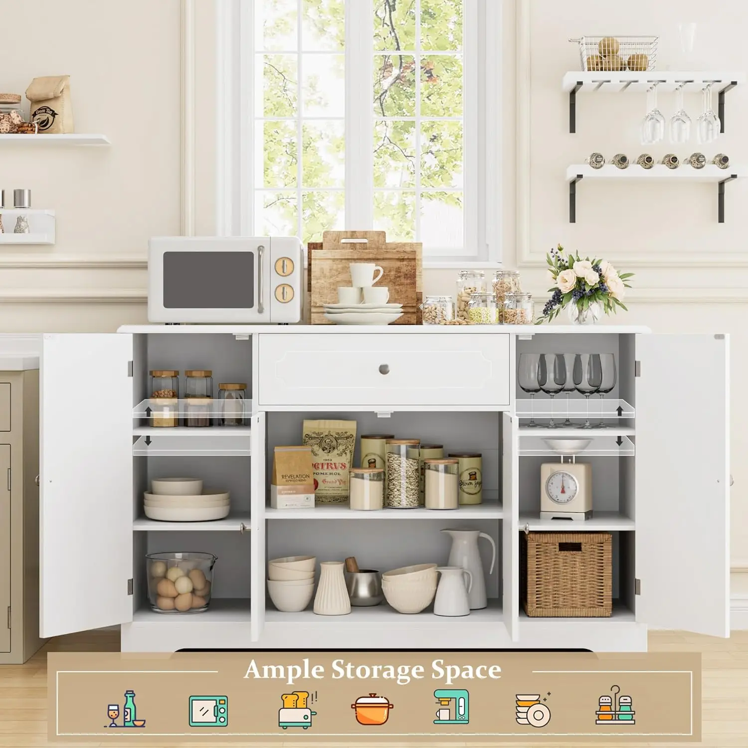 Современный белый буфет с ящиком и дверцами, большой шкаф для хранения вещей 47,2 дюйма с регулируемыми полками для кухни, Di