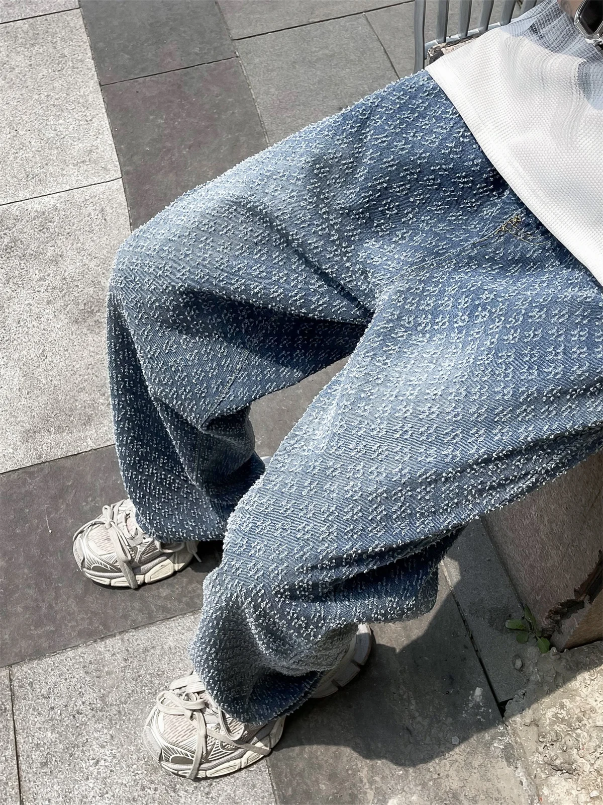 

American Retro Blue Embroidered Denim Pants Loose Straight Micro Flared Design Vintage Long Trousers for Men Summer Season