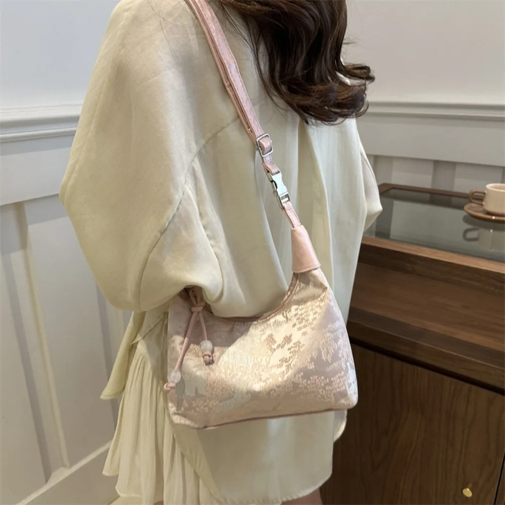 

Luxury Embroidery Shoulder Bag Small Pearl Pendant Armpit Bag Nylon Texture Bucket Handbag Women Girl