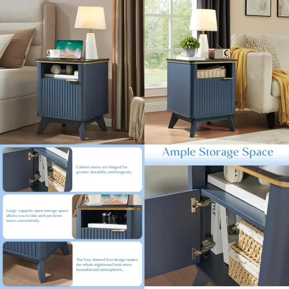 

Modern Fluted Nightstand with Charging Station, Open Storage and Cabinet, 18 Side Table, Bedside End Table for Bedroom