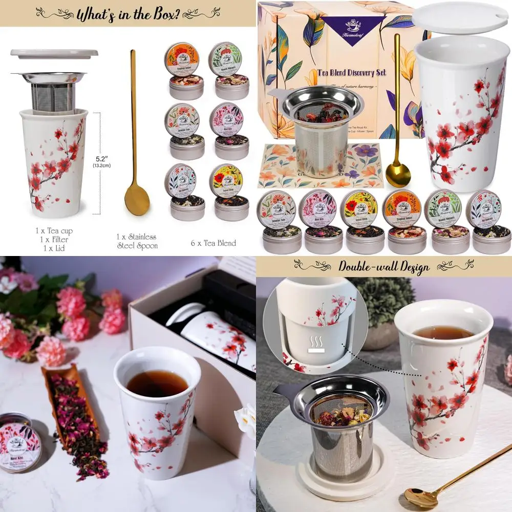 

Tea Gift Set for Women - 6 Herbal Loose Leaf Tea Blends, Insulated Ceramic Cup with Infuser & Lid | Birthday, Mother's Day, Anni