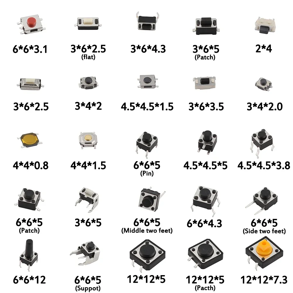 25/140PCS SMD Tactile Push Button Kit: 14/25 Values DIP Micro Switches for DIY Electronics