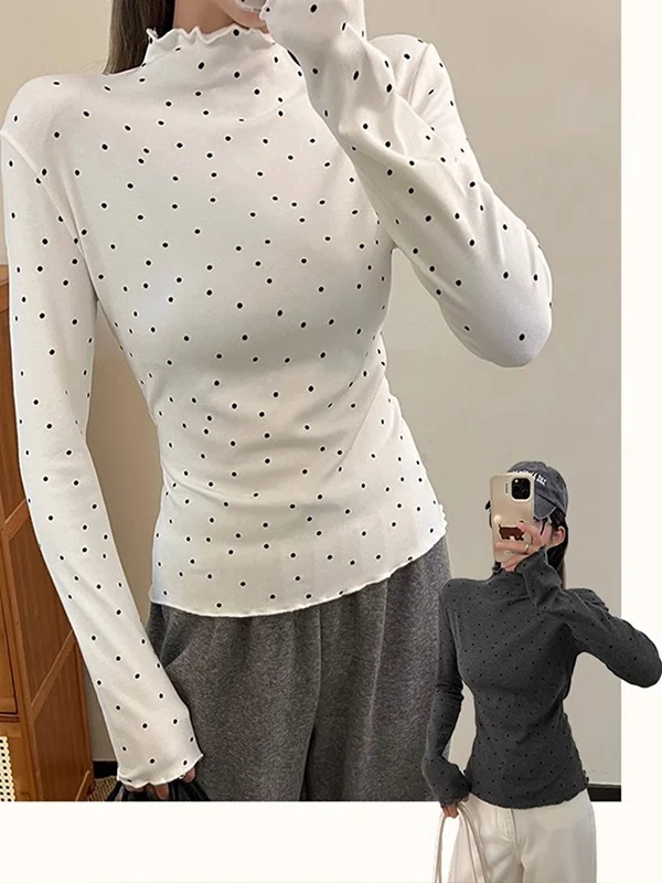 Slim Fit High Neck Long Sleeve Base Shirt Women's Autumn Winter Fashion Design Thermal Top Half High Collar Polka Dot Print