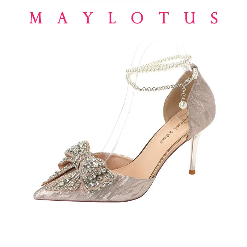 

2025 Summer Fashion Pointed Toe Sandals Women's Rhinestone Pearl Butterfly Gold Silver High Heels Party Wedding Plus Size Shoes