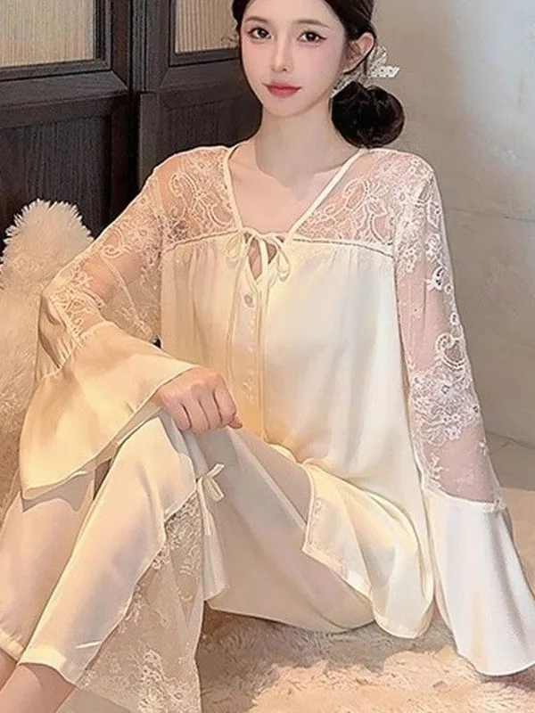 

plus Size Ele Lace Hollow out Spwear Women's Loose Home Clothes Autumn Winter High End Feelings V-Ne Long Sve Set