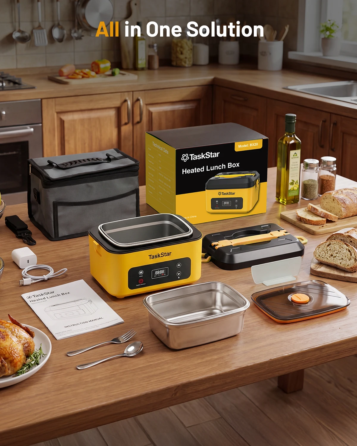 TaskStar Portable Heated Lunch Box 40oz Cordless Leakproof Food Warmer with Stainless Steel Liner & Thermal Insulation for Camping Work School, Usable As Phone Power Bank view 8