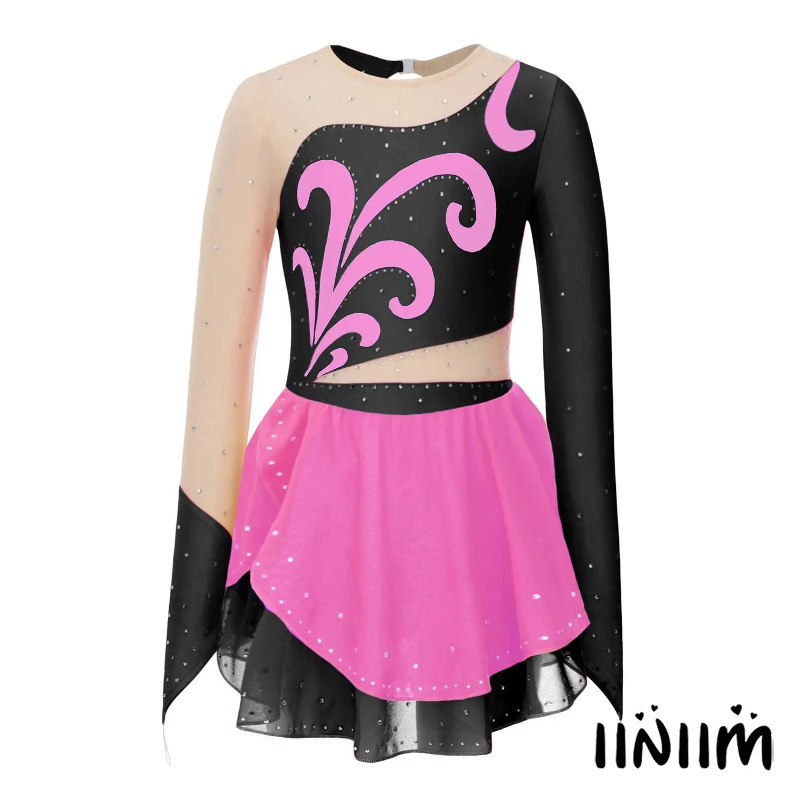 Children Girls Figure Skating Dress Long Sleeves Finger Holes Mesh Patchwork Rhinestone Dresses for Ballet Lyrical Dance Show