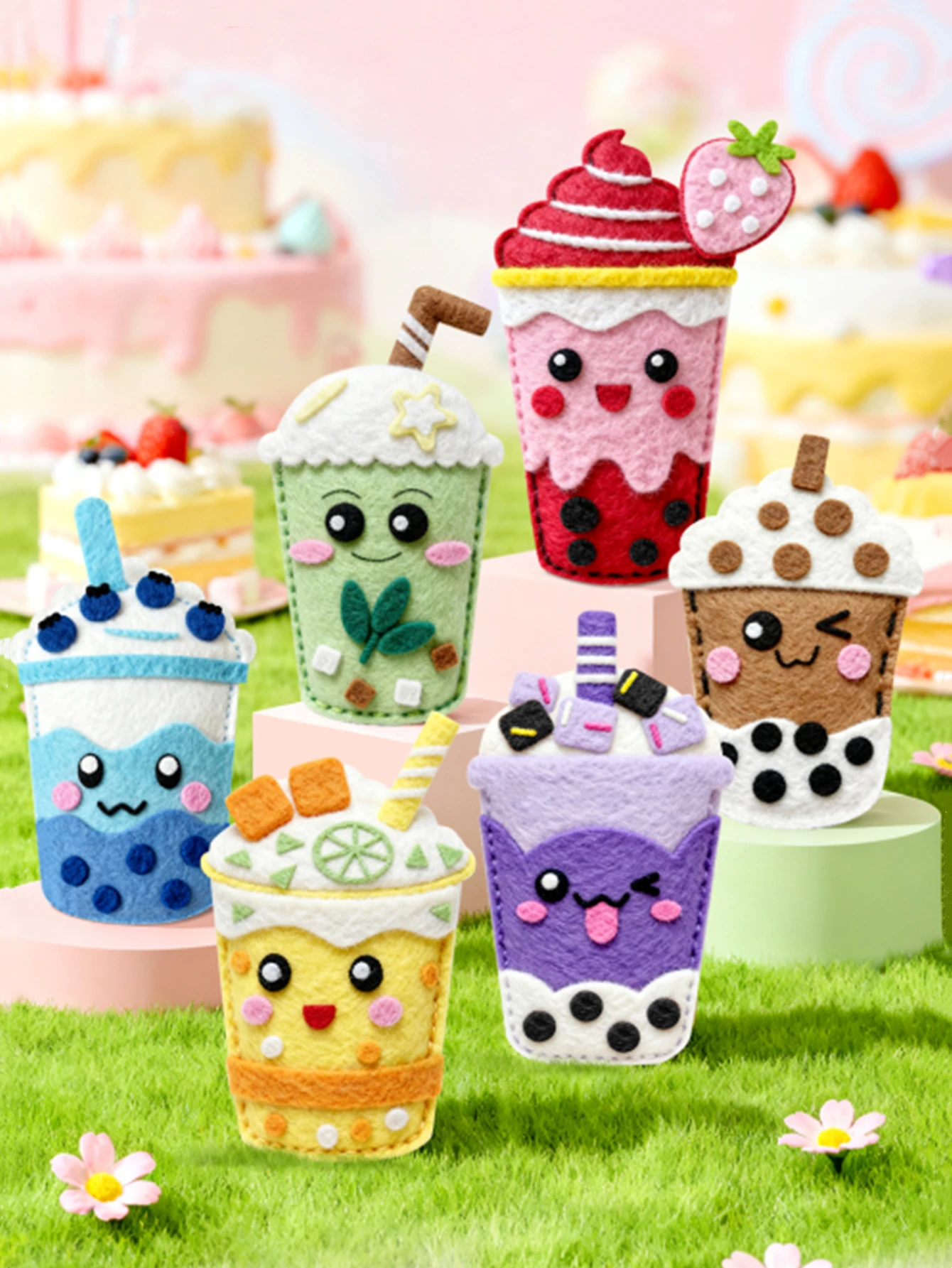 6-Piece DIY Bubble Tea Cup Craft Kit, Creative and Fun Handmade Crafts, Hand-sewn Pendant Decorations, Kids' Gifts