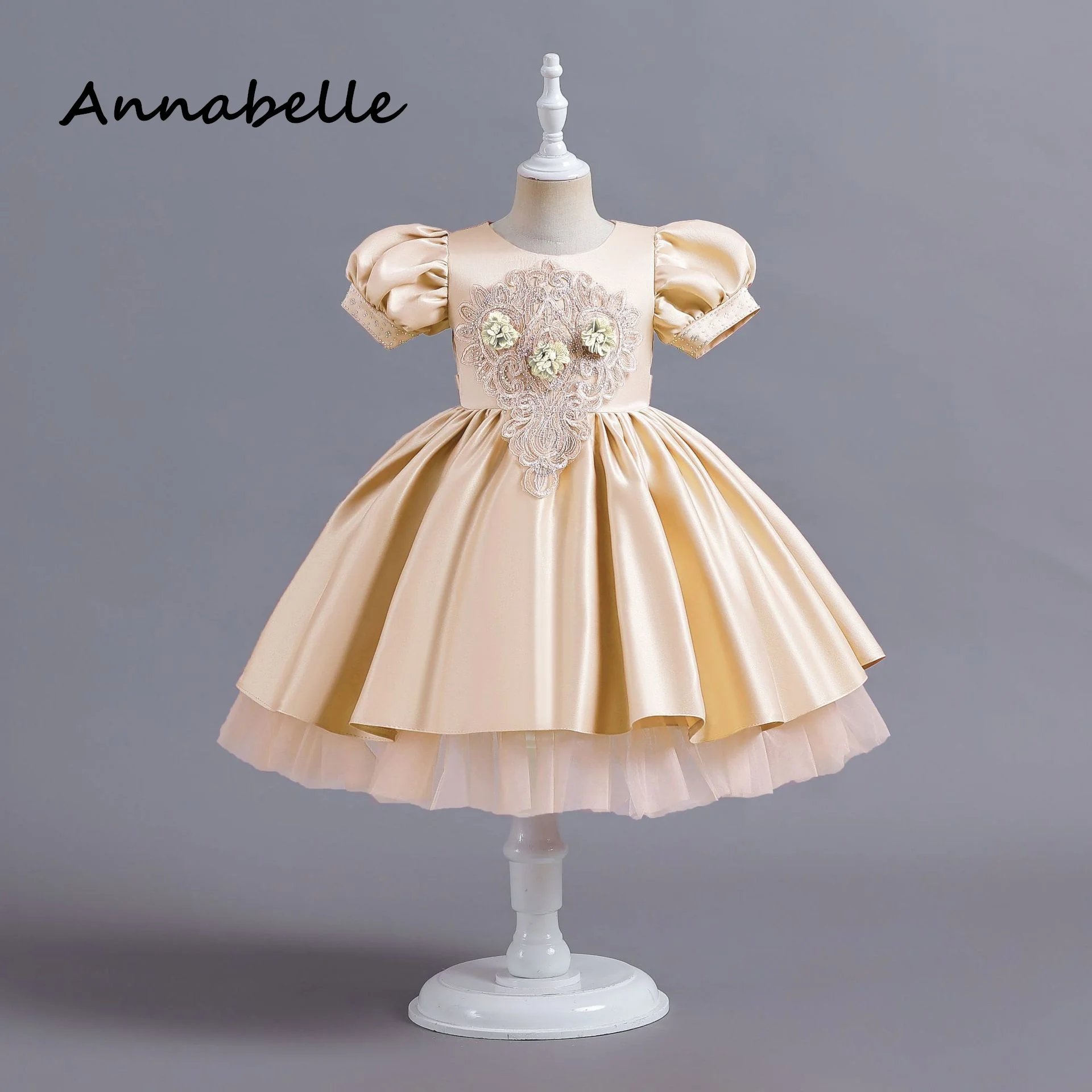 Annabelle-vestido de princesa de flores para niña, ropa de ceremonia, cumpleaños, manga corta, cuello redondo, boda, fiesta, dama de honor, lazo