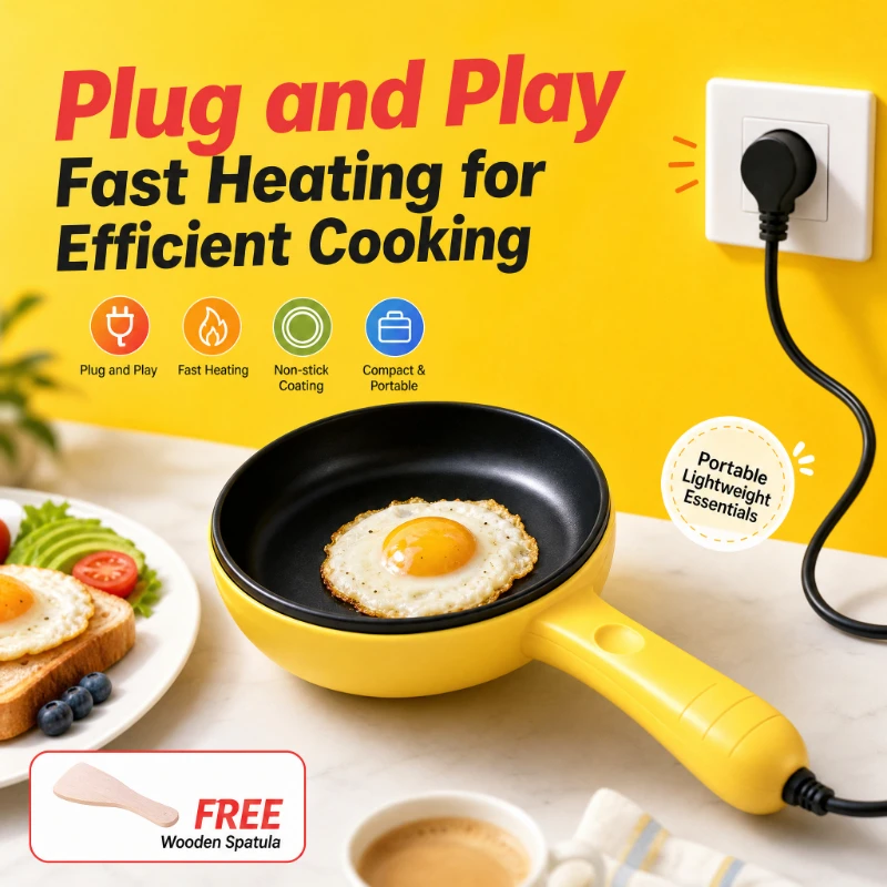 Nonstick Mini Electric Egg Frying Pan with Switch Small Breakfast Cooker Includes Wooden Spatula