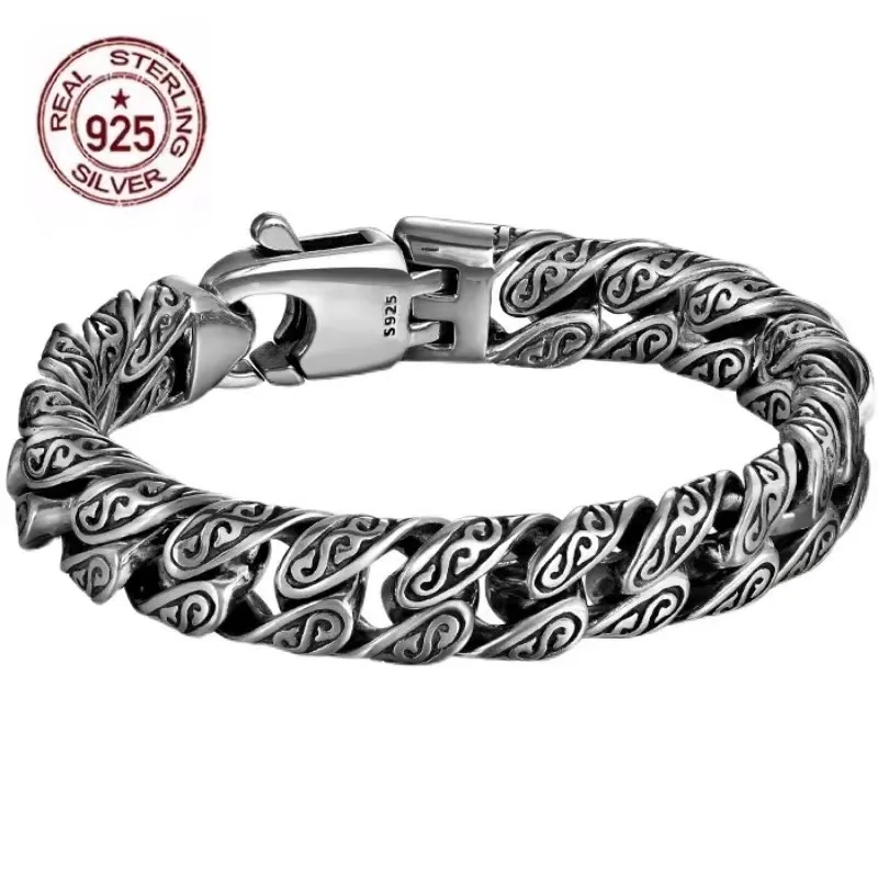 

100% Real Solid S925 Silver Domineering Personality Tang Grass Pattern Bracelet Men's Retro Hip-hop Style Bracelet Birthday Gift