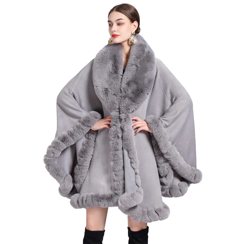 Women's Rex Rabbit Faux Fur Shawl Lady Cashmere Feel Wrap Autumn Winter Solid Color Cloak Classic Luxury Warm Overcoat New in