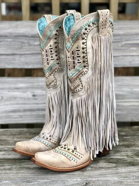 V Collar Rivet-Embellishment Embroidery Leather Fringing Knee High Cowgirl Boots Tassels Flower Curved Toe Block Heels Shoes