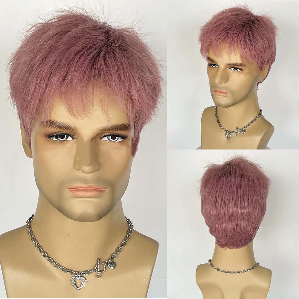 Short Pixie Cut Synthetic Pink Wigs for Men Natural Straight Layered Wig Daily Hair with Fluffy Bangs Heat Resistant Fiber