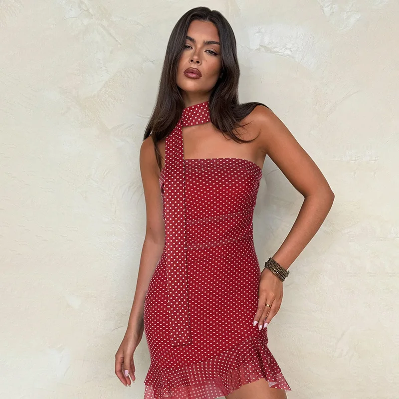 

TARUXY Fashion Polka Dot Strapless Dress With Ribbon Slim Sexy Lace Splice Mini Dress Summer Elegant Backless Club Party Dress