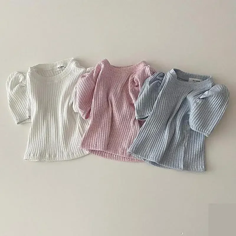 

2024 Summer New Baby Girl Short Sleeve T Shirt Solid Infant Girl Puff Sleeve Bottoming Tops Cotton Girls T Shirt Baby Clothes