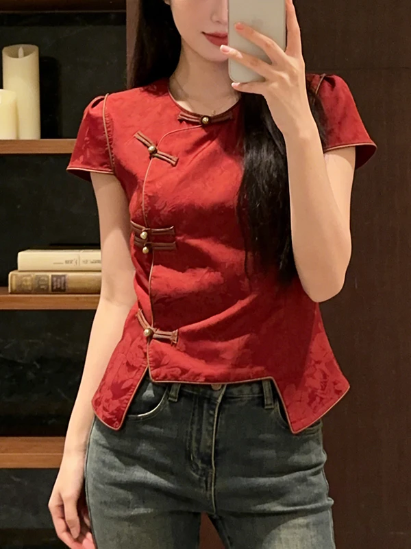 

Red Slim Fit Short Sleeve round Neck Shirt Women's Large Size New Chinese Style Summer New Fashionable Top Buttoned Commute Wind