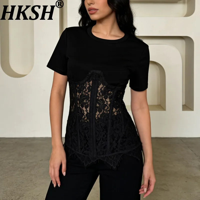 

Женская сексуальная футболка HKSH с круглым вырезом, короткими рукавами, кружевными вставками, вырезами и приталенным силуэтом, летний шикарный топ HK21628