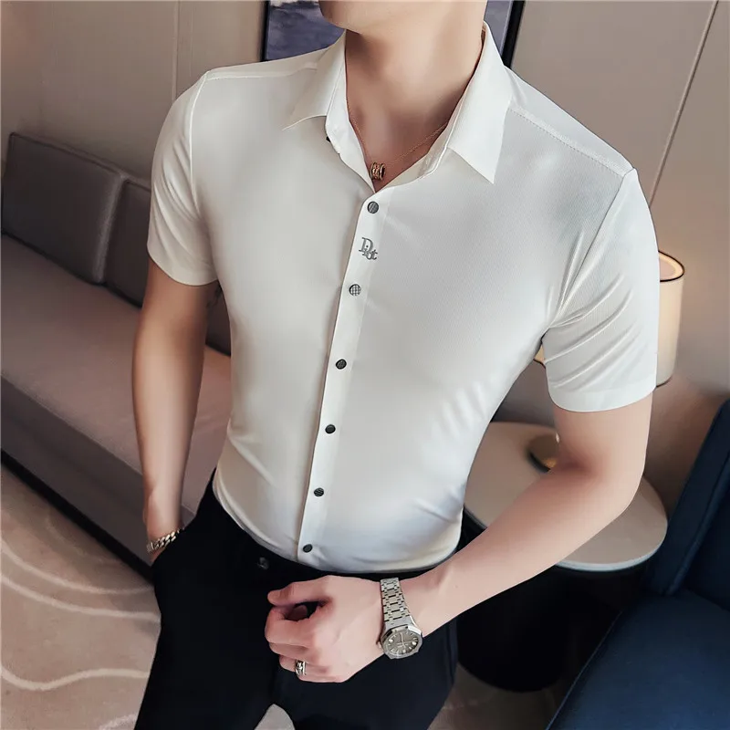 

2022 Embroidery Top Quality Summer High Elasticity Short Sleeve Business Casual Shirts Men Clothing Slim Fit Chemise Homme S-4XL