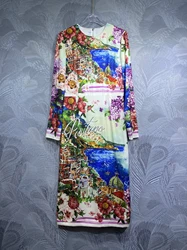 SEQINYY Elegant Midi Dress Summer Spring New Fashion Design Women Runway 100% Silk High Quality Vintage Sicily Print Holiday