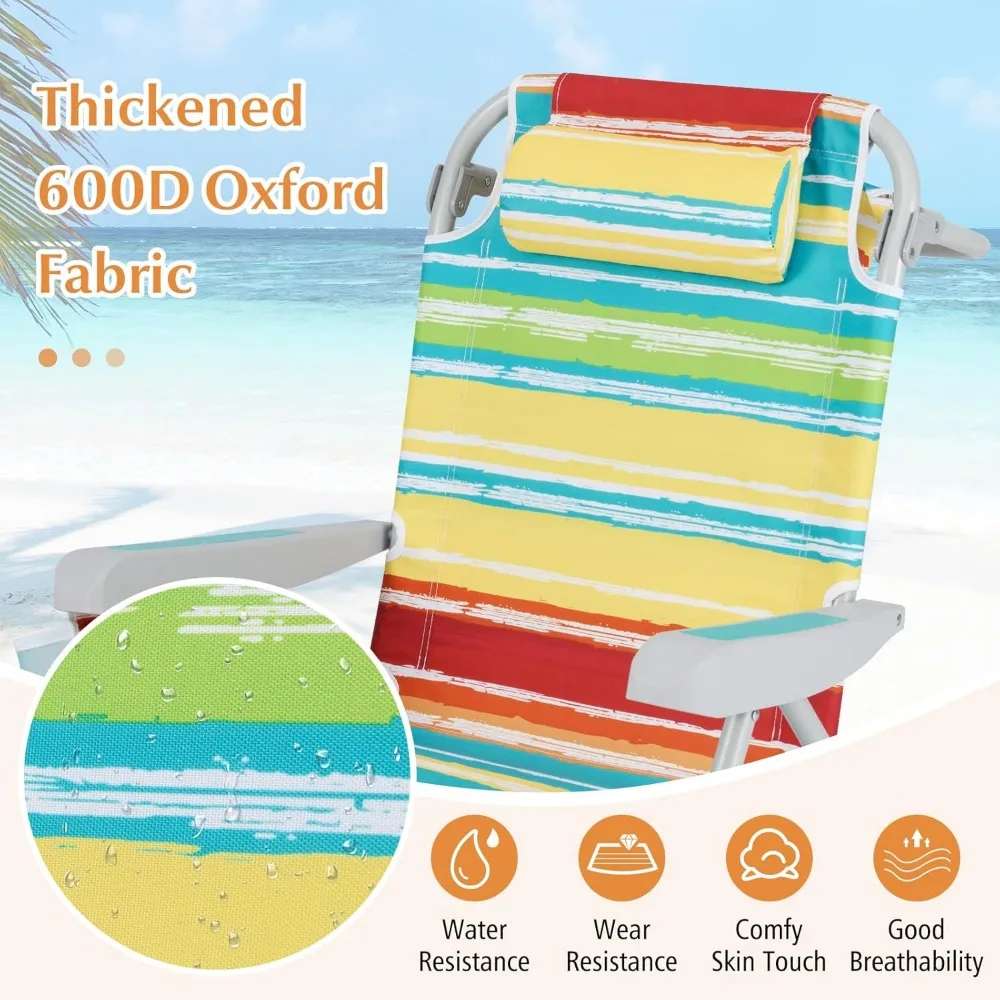 Beach Chair, 330lbs Backpack Lounger with 5-Position Backrest, Storage Bag, Side Pocket, Towel Bar & Headrest, Foldable Low