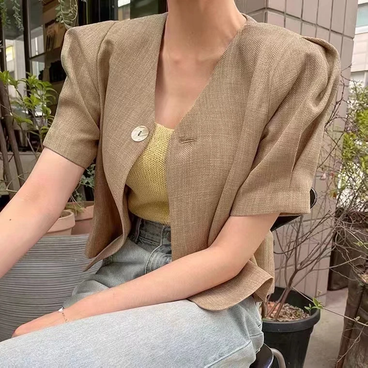 

Korean Sle Summer Simple Linen ort Suit irt One Button High Quali Versatile Ele Small Outerwear Top for Women