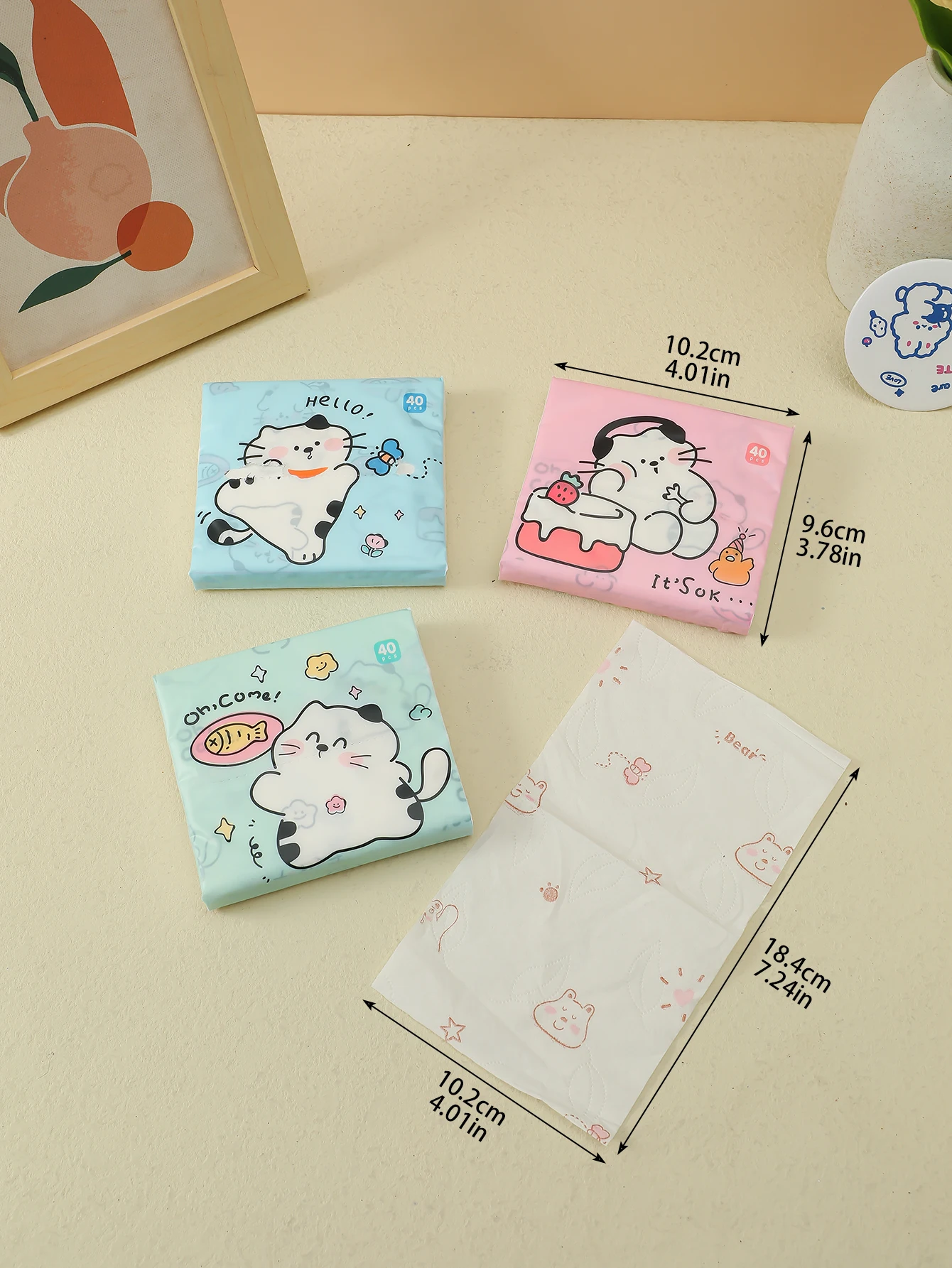 3Pcs/pack of cute cat color cartoon printed mini tisssues, suitable for daily life clean portable style