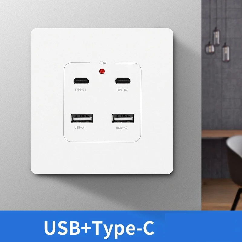 

Wall Embedded Concealed Installation Socket Panel White Gray 86 Type USB Type-C 20W Fast Charging Household Electricity 220v