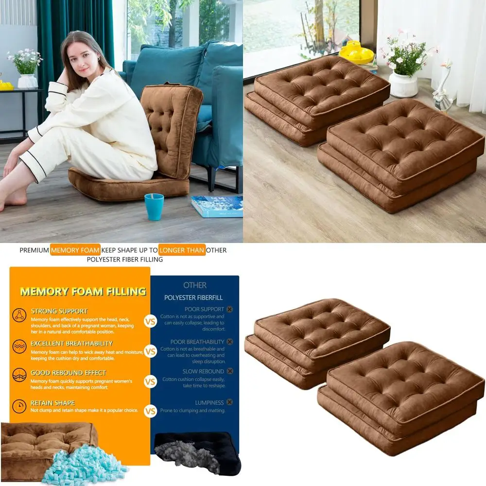 

Set of 4 Memory Foam Floor Pillows, 20x20 Inch Square Cushions for Meditation, Yoga, Living Room (Brown)