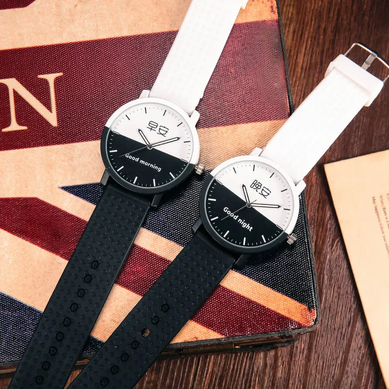 

Lovers Watch Intimate Regards Good Morning Good Night Dial Leather Quartz Watch Fashion Trending Black White Case Couple Watches