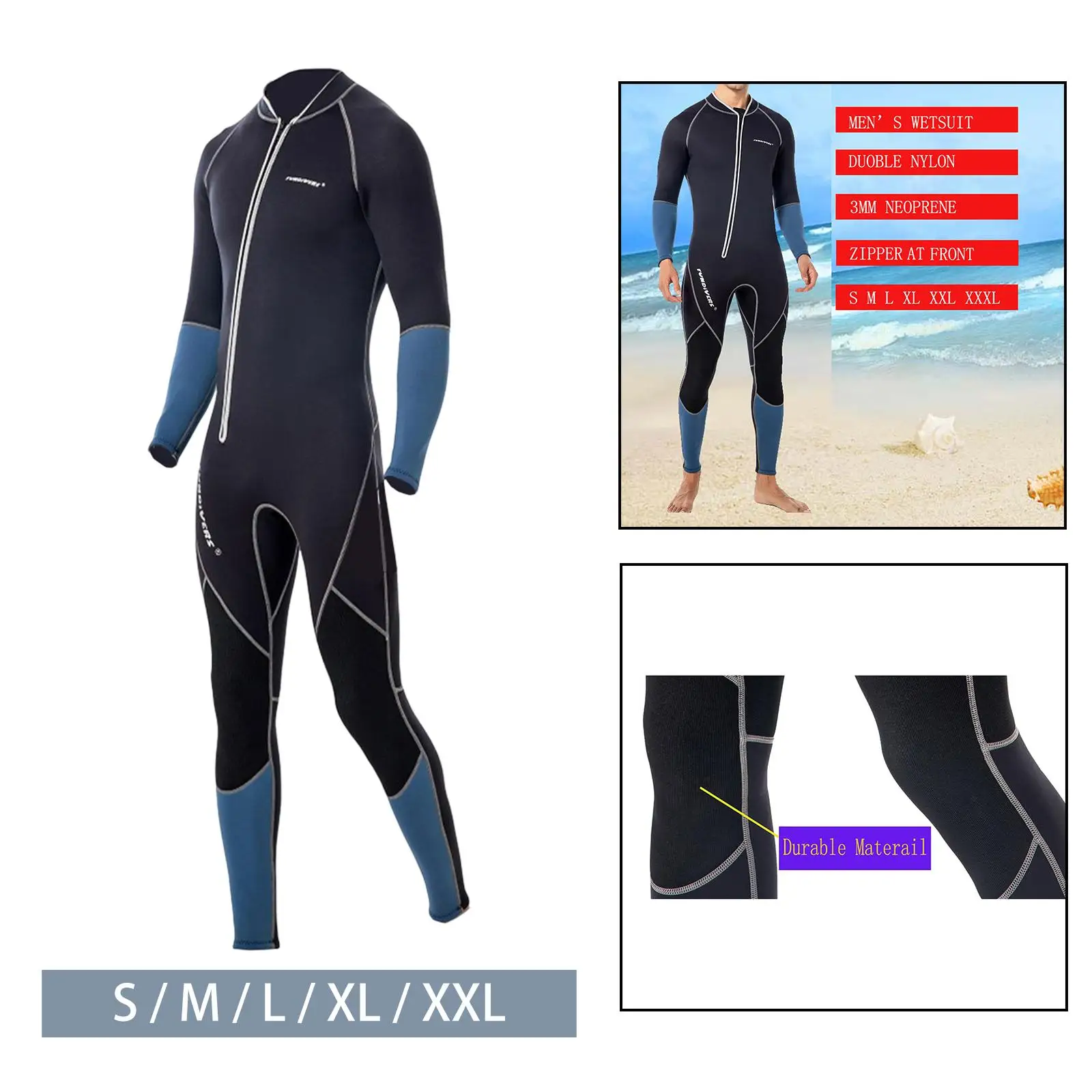 

Men 3mm Neoprene Wetsuit, Wear Resistant Swimming Full Suit Thermal Waterproof Wetsuits for Snorkeling Scuba Dive