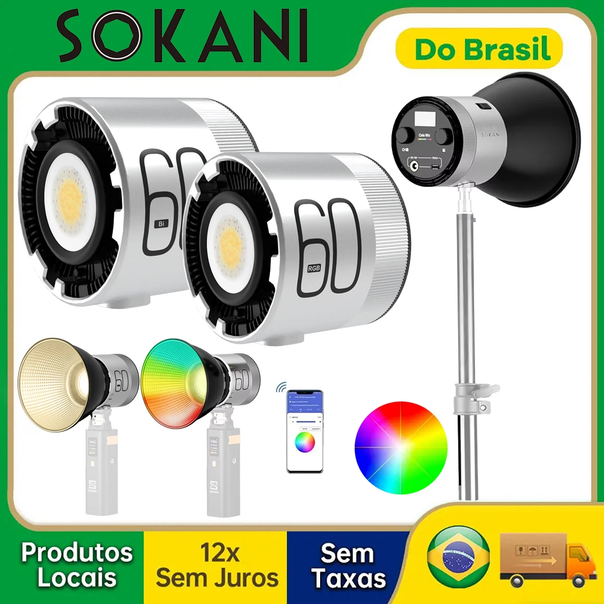 【Do Brasil】Sokani Cola 60x 60c 60W Bi RGB LED Luz de vídeo Iluminação de controle por aplicativo para fotografia Gravação de vídeo OutdoorShooting